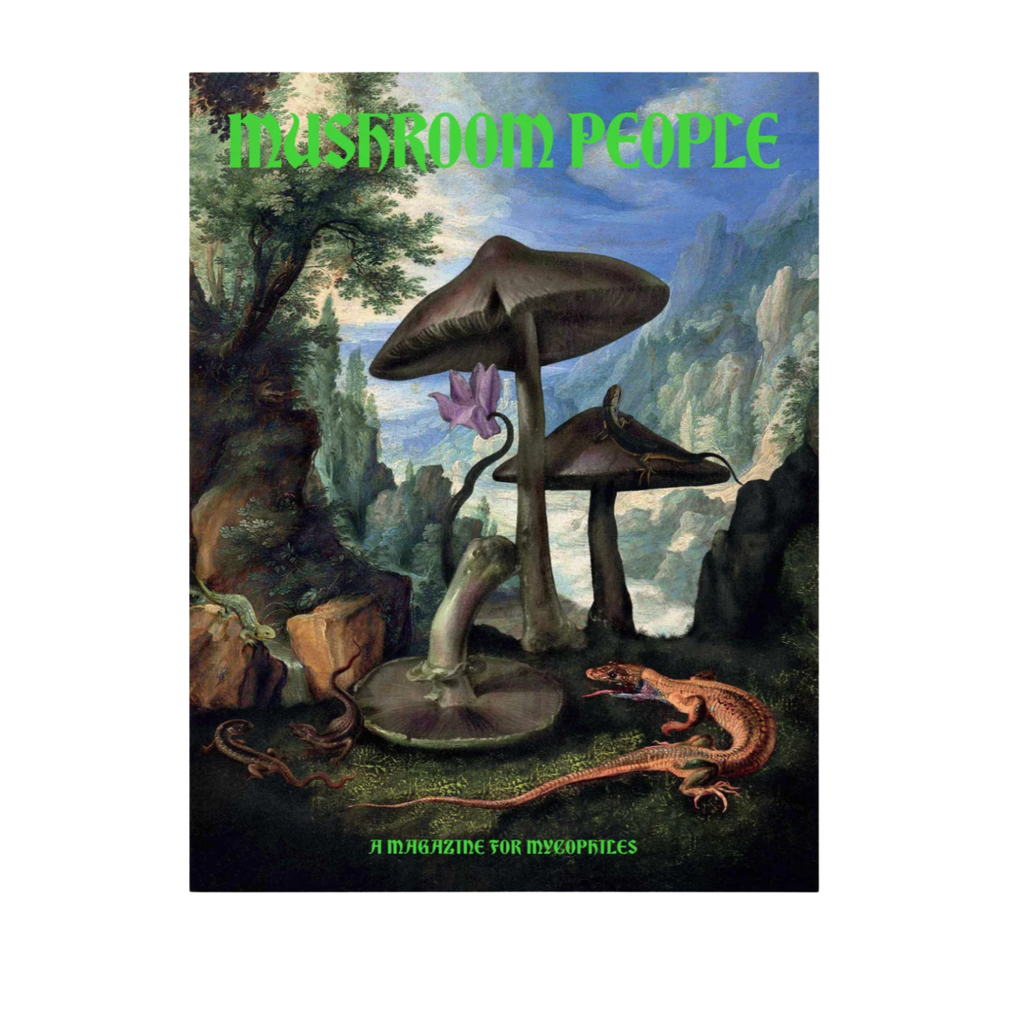 Magazine cover titled 'Mushroom People' with fantasy illustration of mushrooms and a creature.