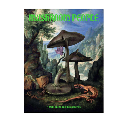 Magazine cover titled 'Mushroom People' with fantasy illustration of mushrooms and a creature.
