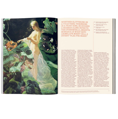 Open book with a painting of a nude figure in a lush green forest on the left page and text on the right page.