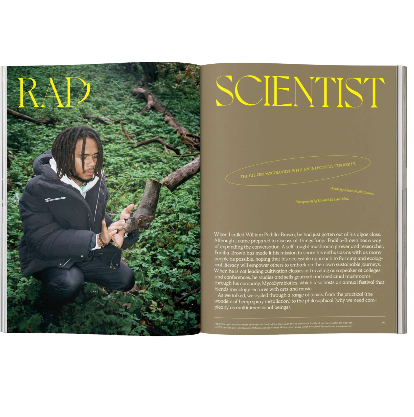 Magazine open to a spread with a person in nature and text on the right page.