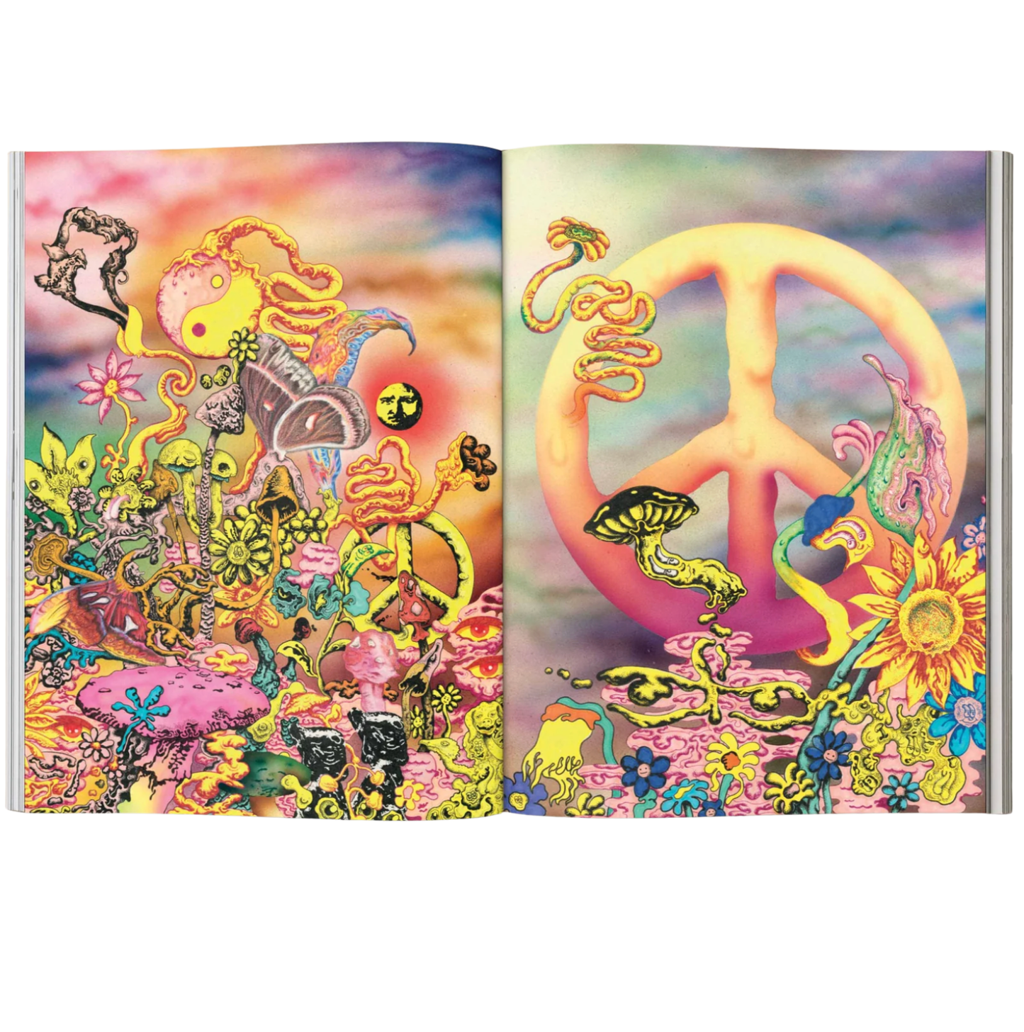Open book with psychedelic design featuring a peace symbol and colorful abstract art.