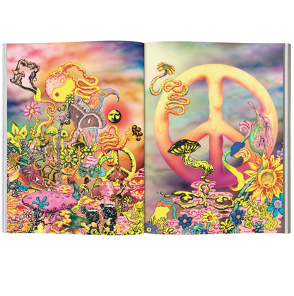 Open book with psychedelic design featuring a peace symbol and colorful abstract art.