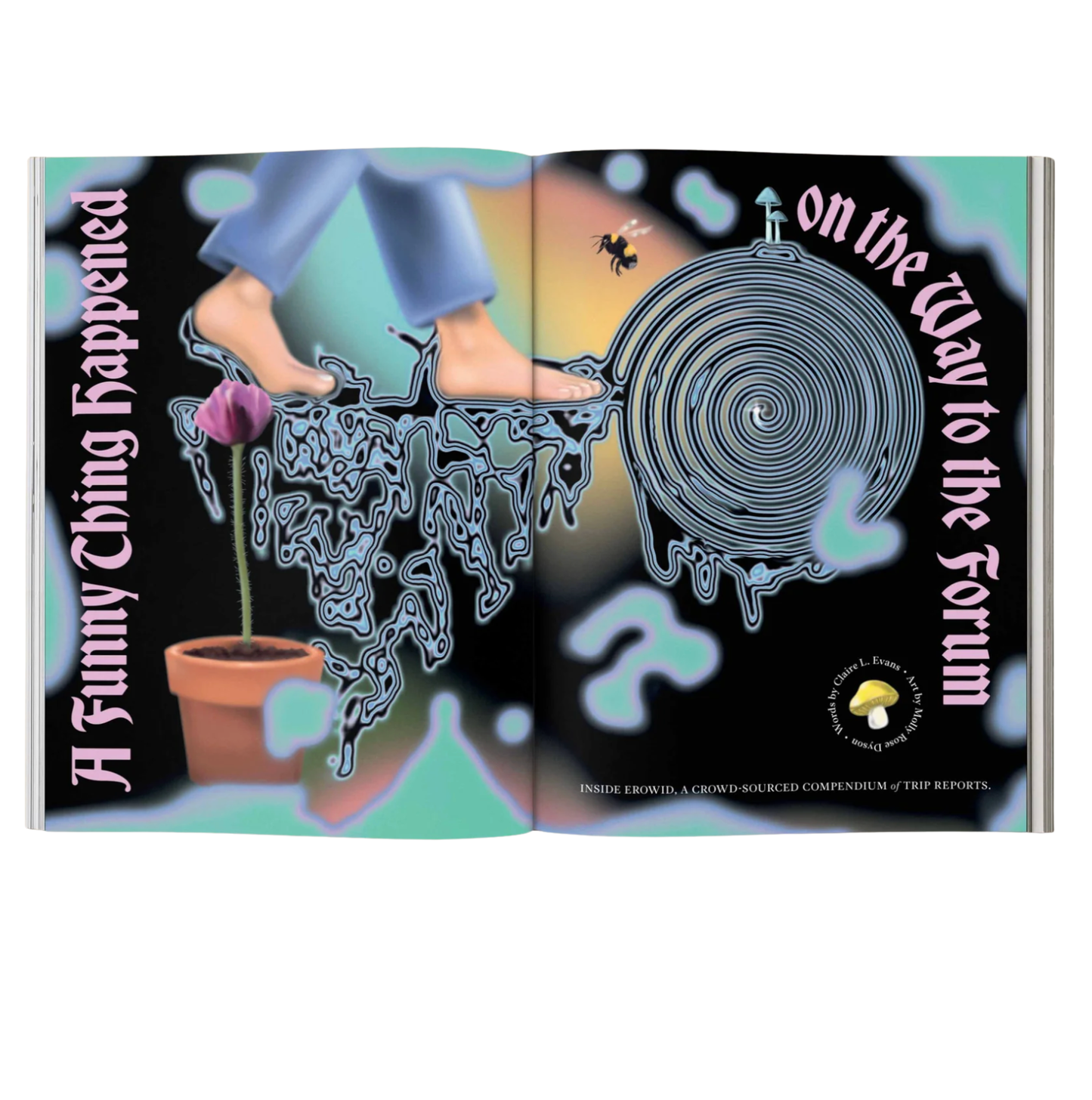 Open book with a cover design featuring feet, a plant, and text on a black background.