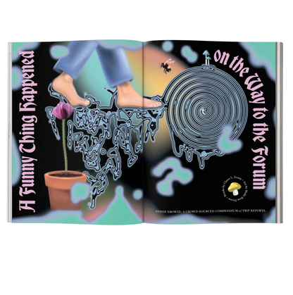 Open book with a cover design featuring feet, a plant, and text on a black background.